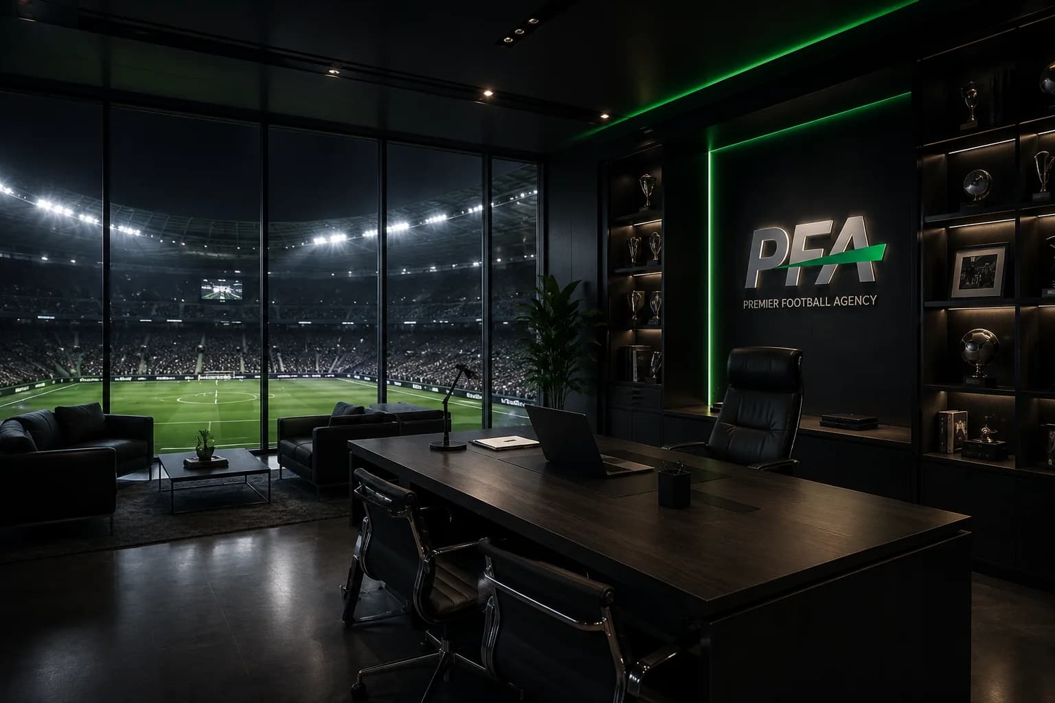 Football agency office overlooking a stadium